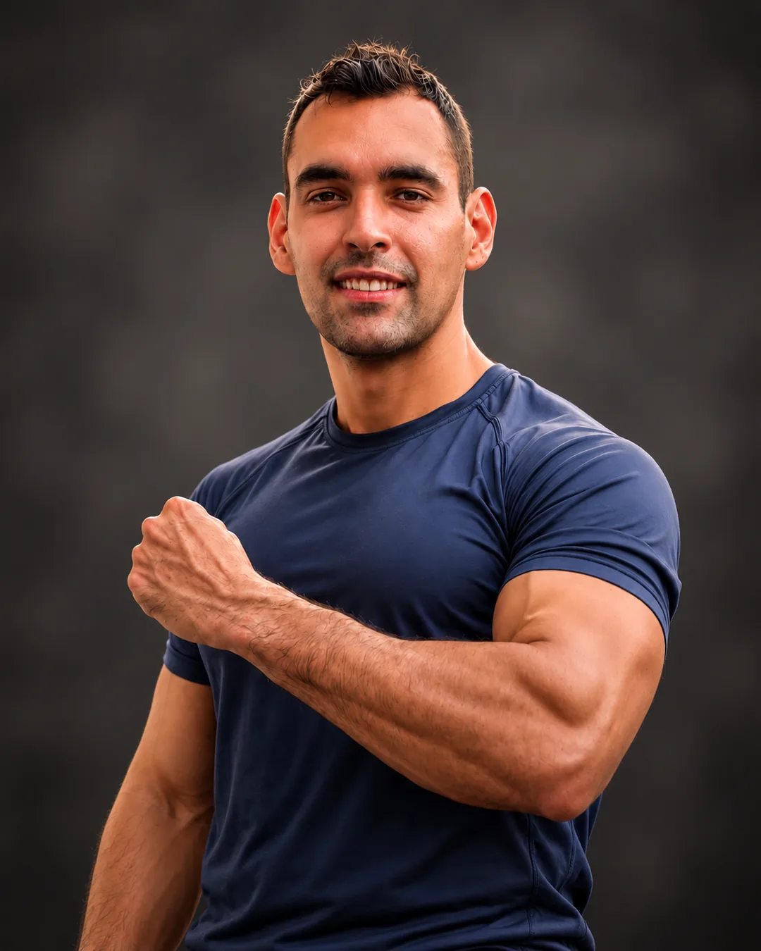 Retrato de Maicon Santos com camiseta de treino azul, em destaque sobre fundo carvão.